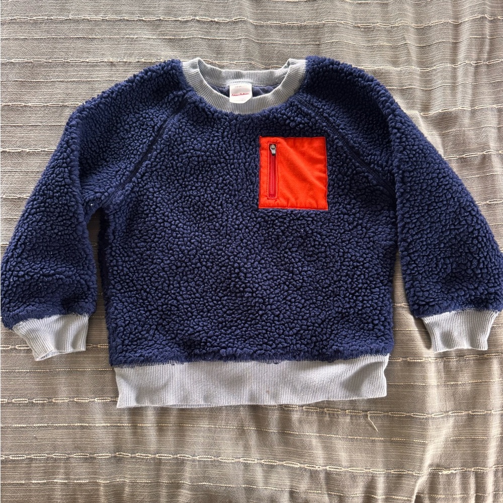 hanna Andersson Kids Navy Blue Sherpa Pullover with Orange Pocket - Cozy Layer